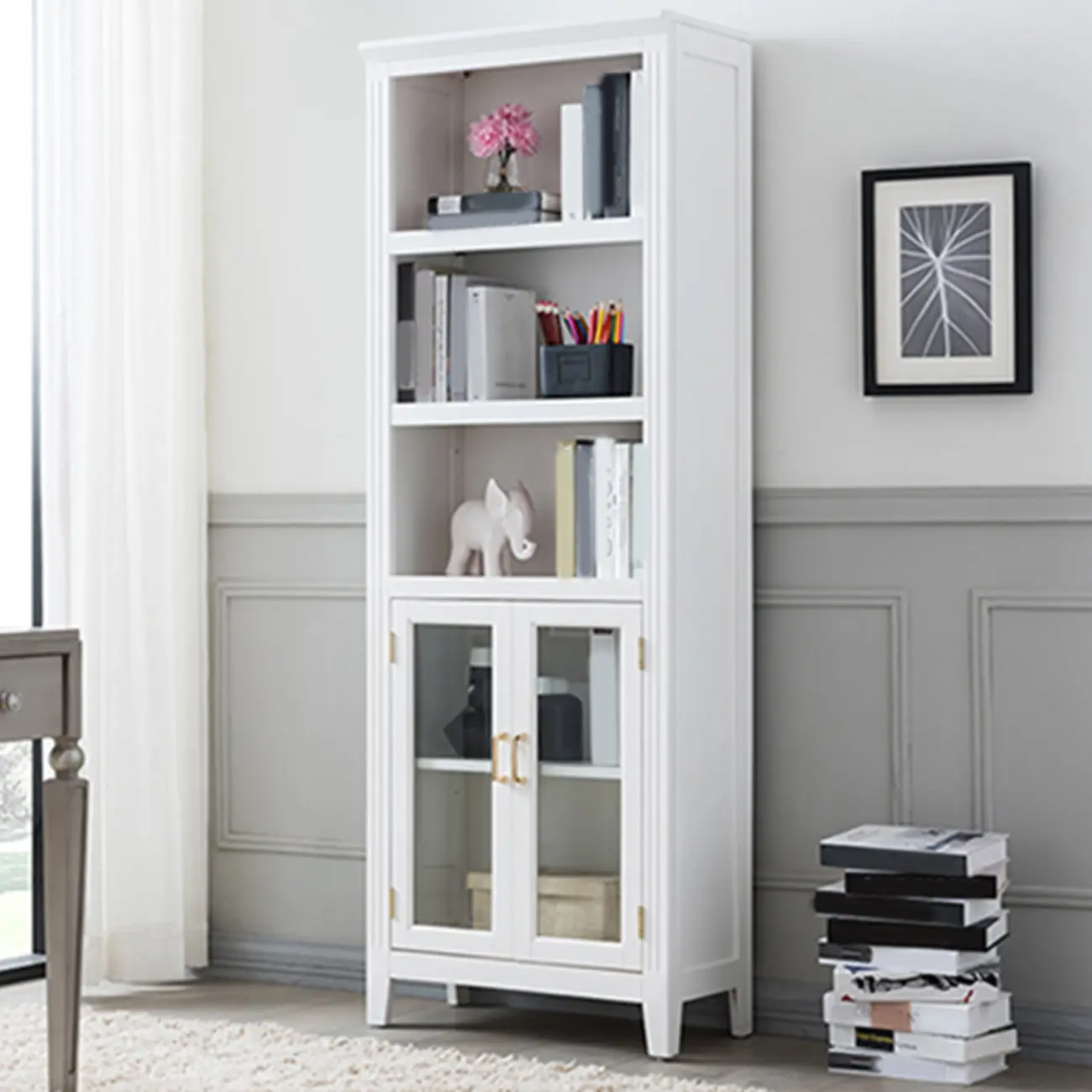 Mid-Century Modern Home Accent Wood Glass Paned Cabinet