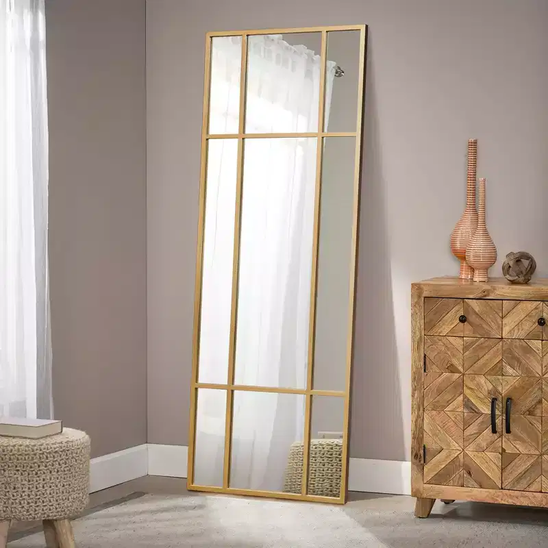 Black/Gold Rectangle Metal Windowpane Wall Mirror, Vertical Hanging