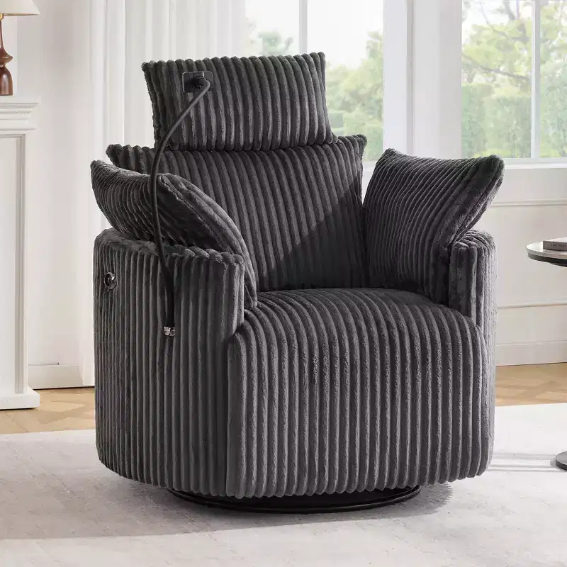 Gray / White Corduroy Swivel Recliner Chair, Adjustable Backrest & Footrest, Phone Holder – 1-Seat