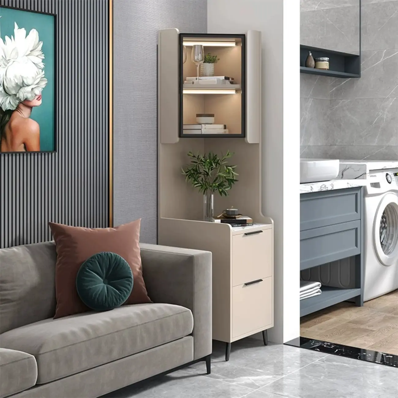 Modern Khaki Wooden Corner Lighting Storage Cabinet