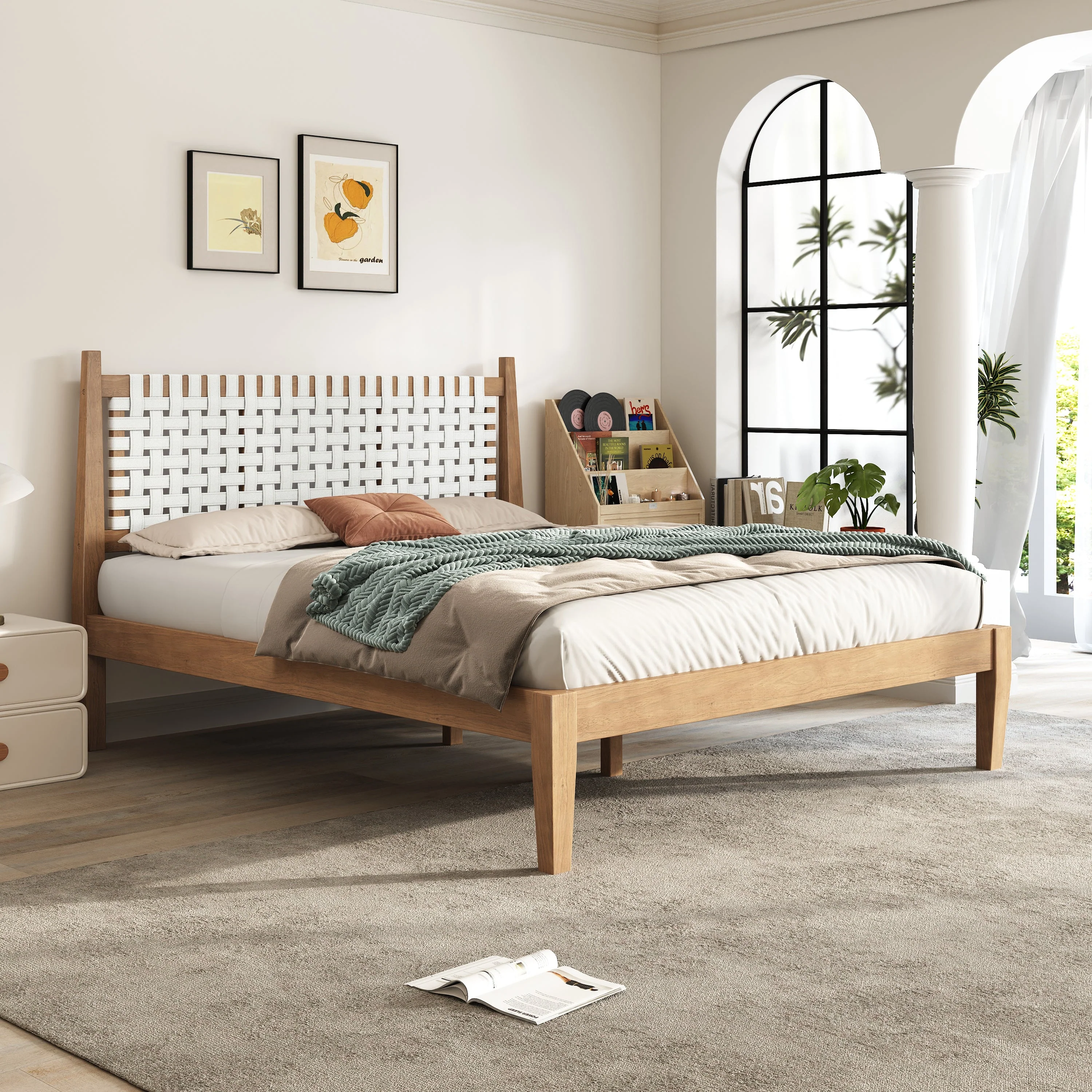 Woven White Leather Headboard Queen Pine Wood Bedframe
