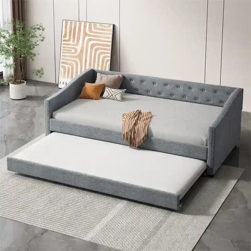 Twin Size Upholstered Tufted Daybed with Trundle and Copper Nail