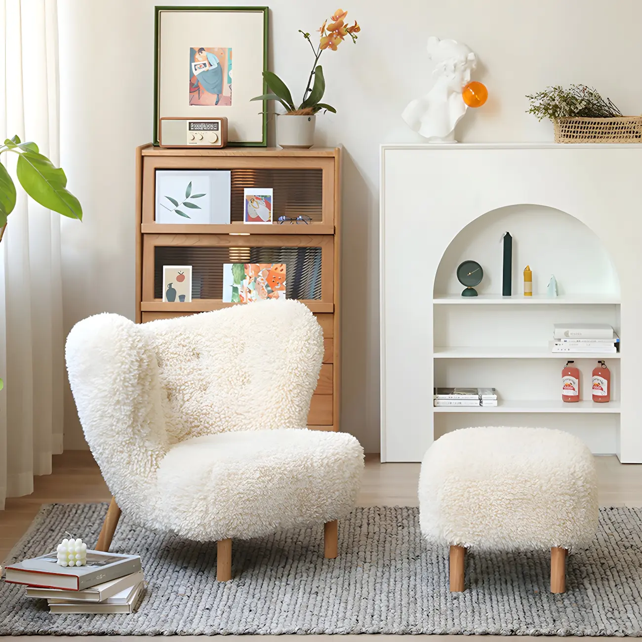 Mid-Century Modern Flannel Accent Chair in Off-White