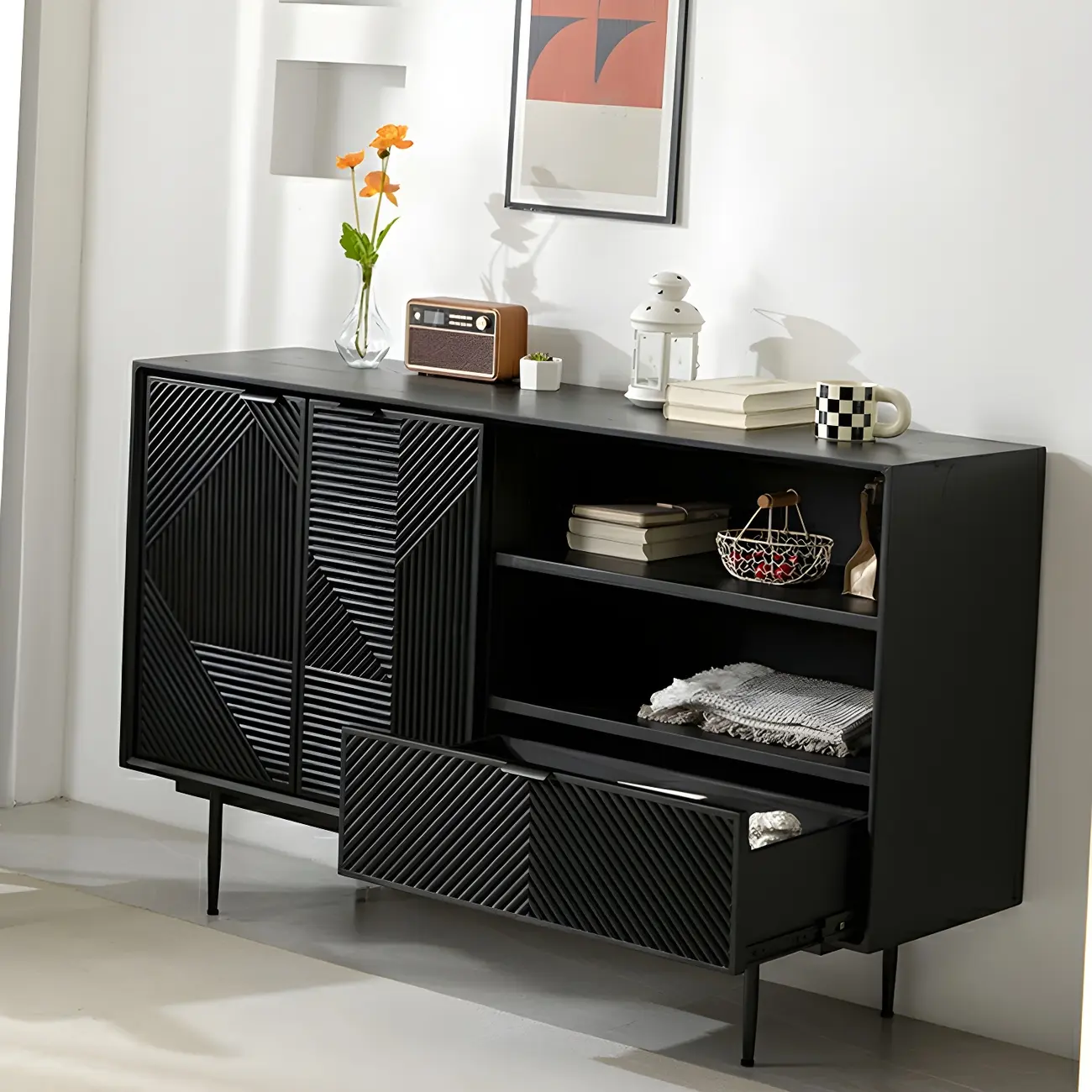 Geometric Black Wooden Sideboard with Drawer & Cabinet
