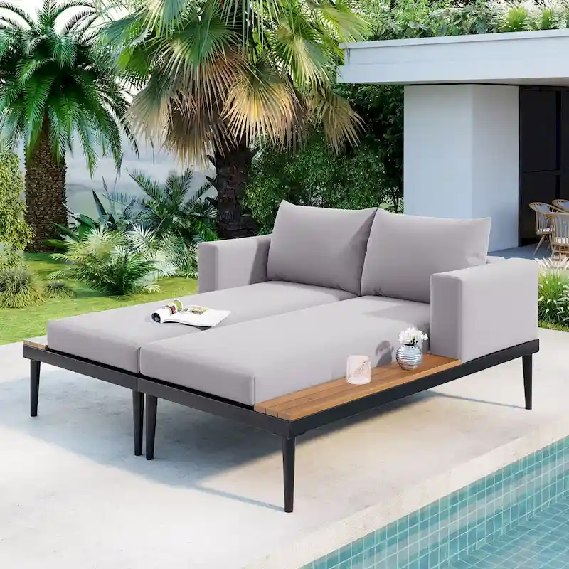 Outdoor Patio Daybed with Acacia Wood Topped Side Spaces, 2-in-1 Design, Adjustable Leg Supports, and Washable Cushions