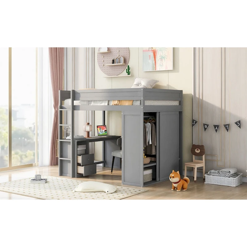 Wood with Wardrobes and 2-Drawer Desk with Cabinet