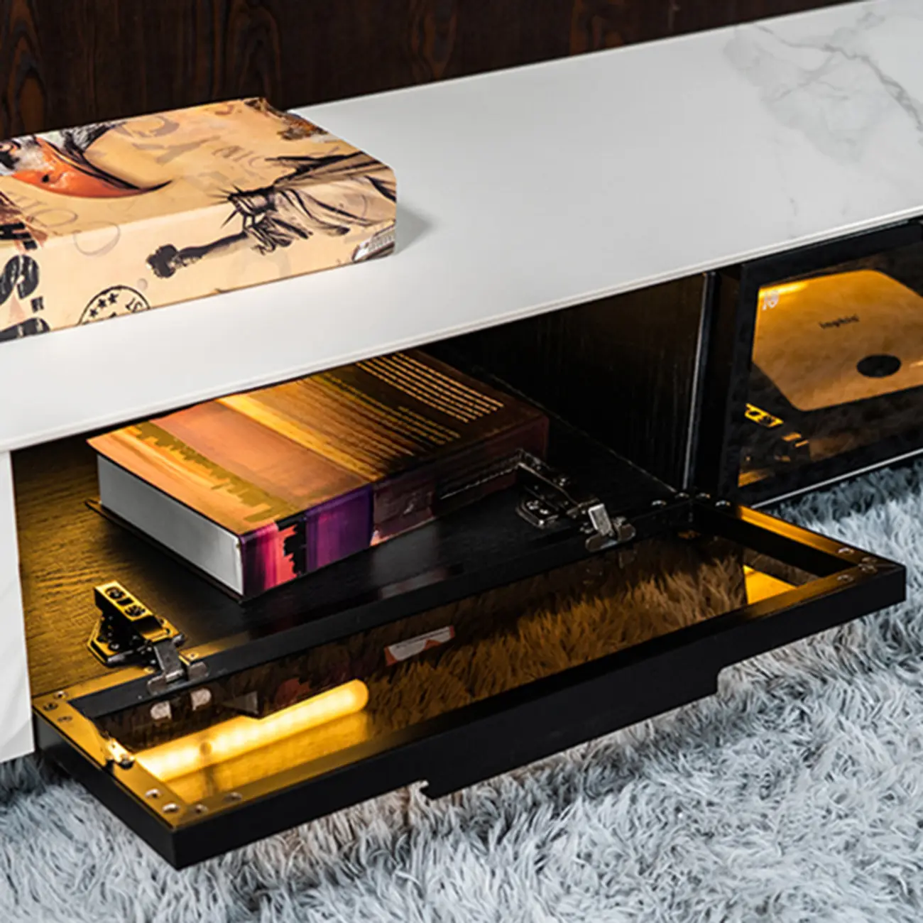Black Modern Stone Rectangle Drawers TV Stand with LED Lights