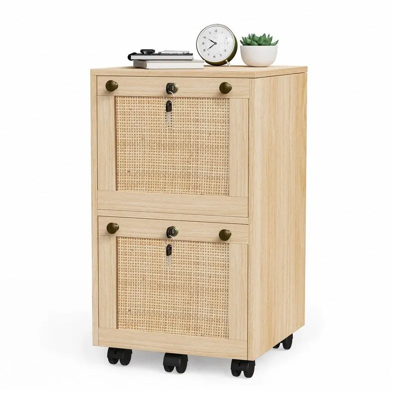 Mobile File Cabinet Wood Rattan 2-Drawer with Lock