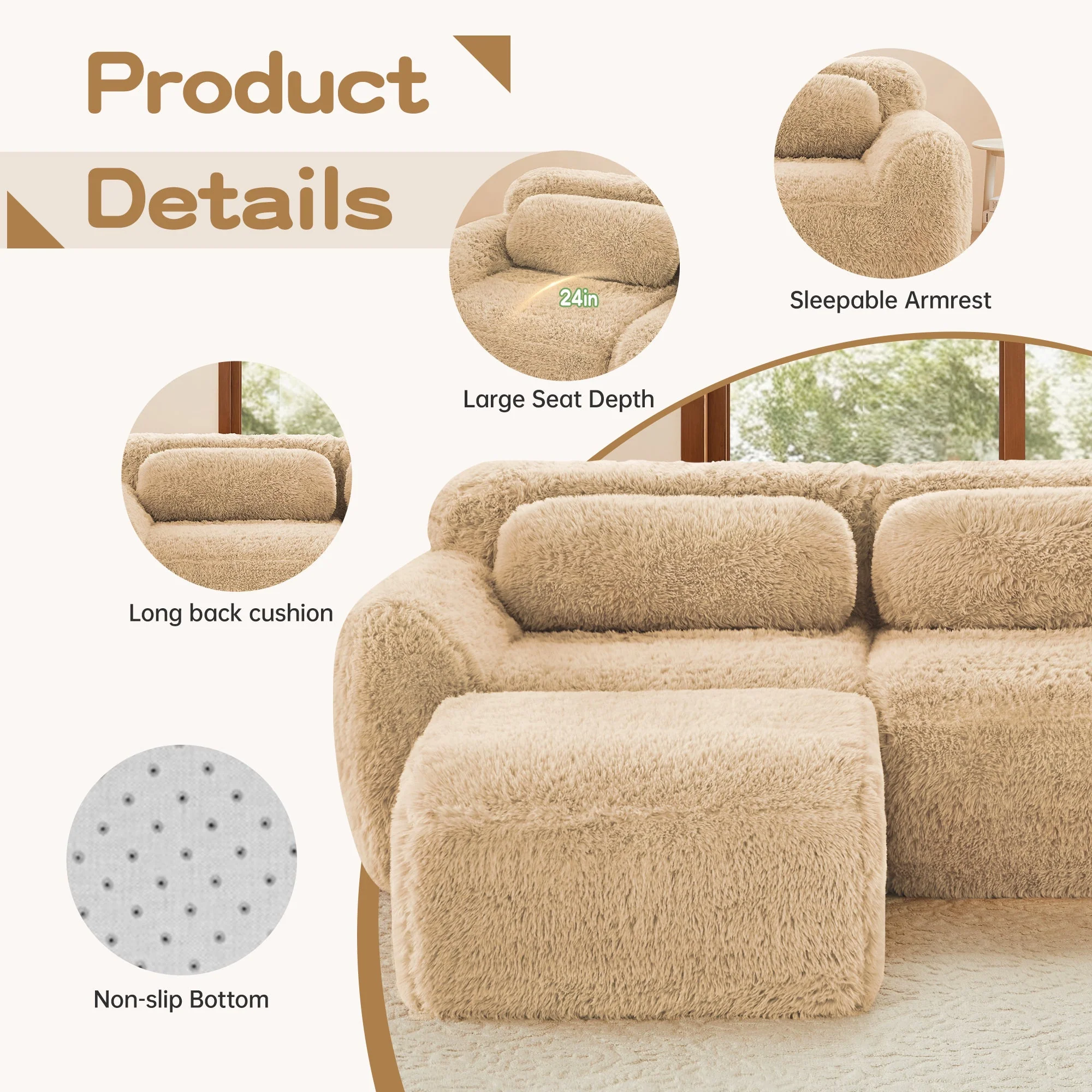 Soft And Fluffy Plush Boneless Modular Sofa with Ottoman