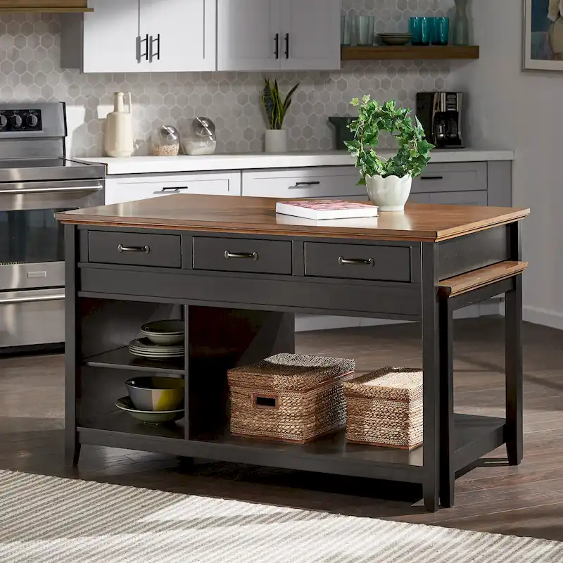 Two-Tone Antique Finish Extendable Kitchen Island with 3 Drawers