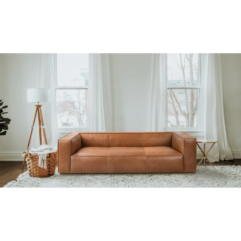 Brown/Light Brown Genuine Aniline Leather Sofa, Square Arms, 100"W x 43"D x 26.25"H, 3-Seater