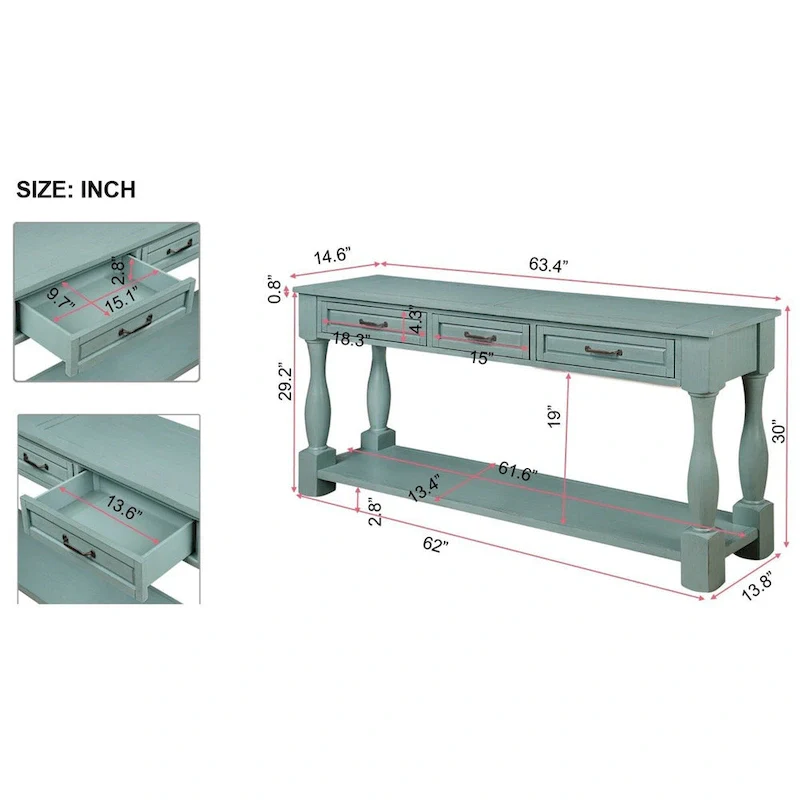 63inch Long Wood Console Table with 3 Drawers