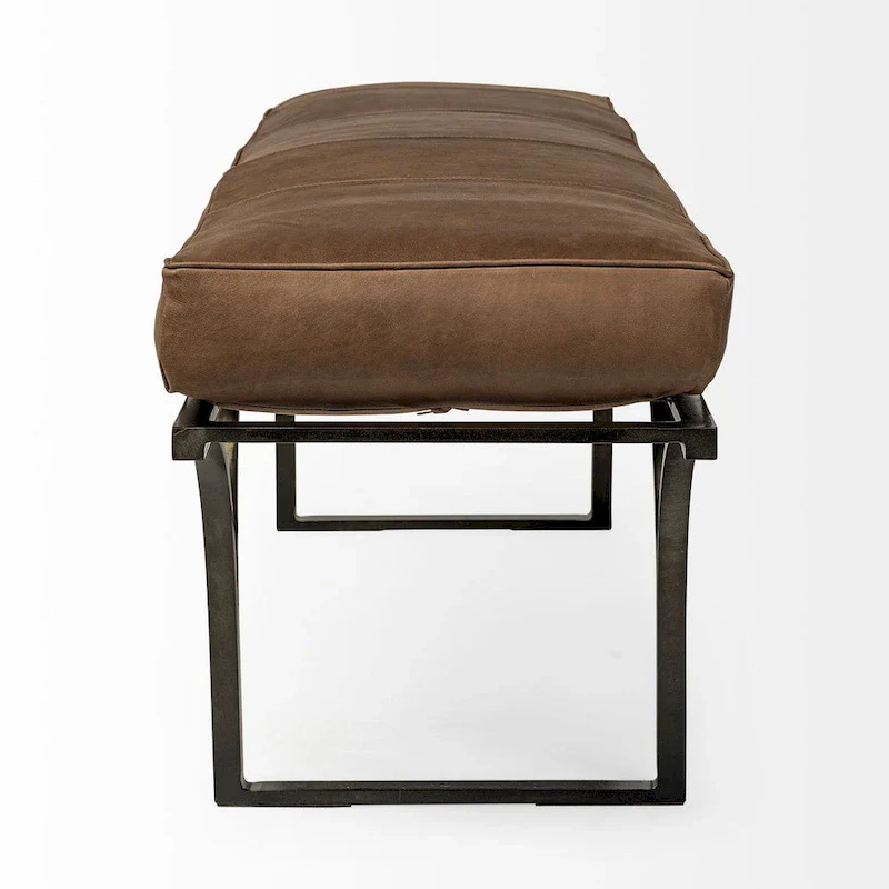 Jessie 55L x 16W Brown Leather Seat W/Black Metal Base Accent Bench - 55.0L x 16.0W x 19.0H