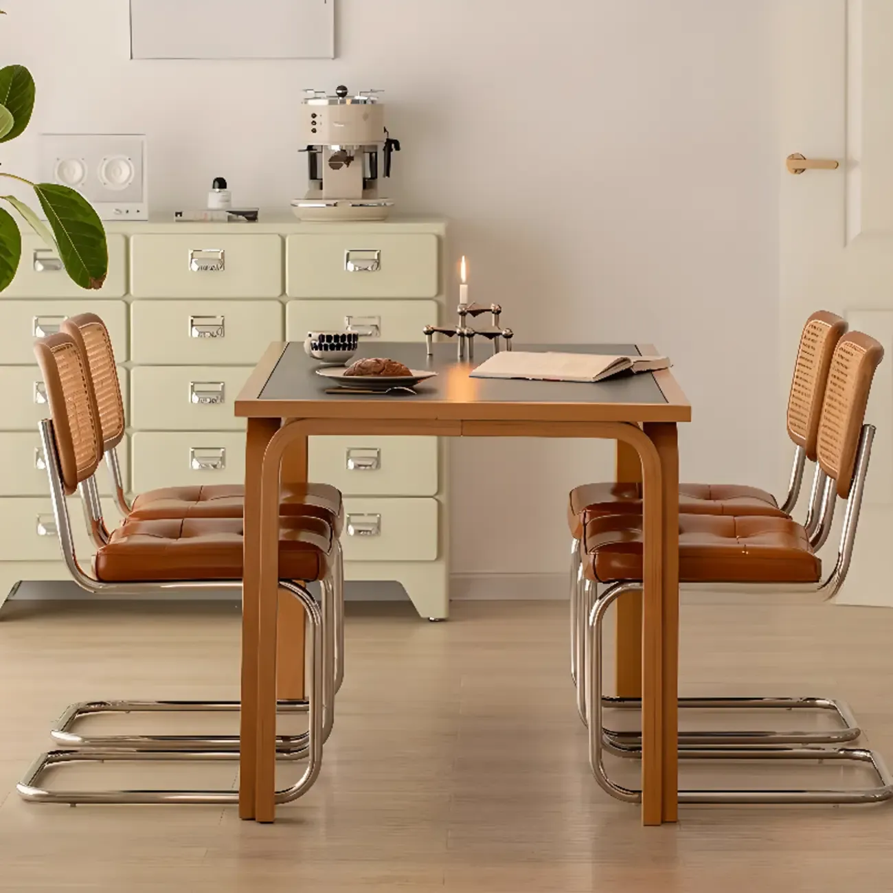 Modern Brown Cantilever Faux Leather Dining Chair Woven Back