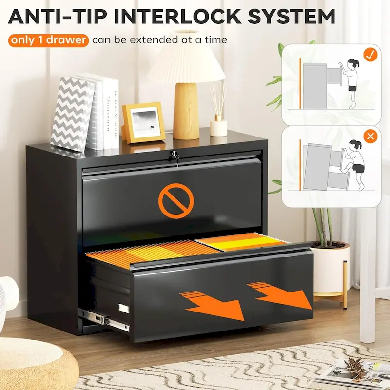 2 Drawer Metal Lateral Filing Cabinet with Lock