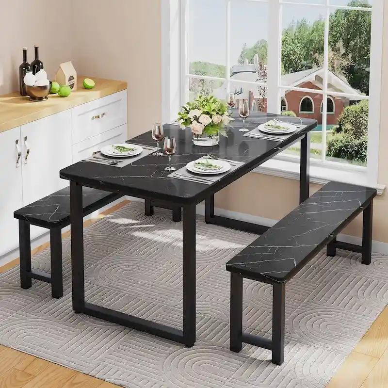 3-Piece Industrial Style Dining Table & Bench, Marble Veneer