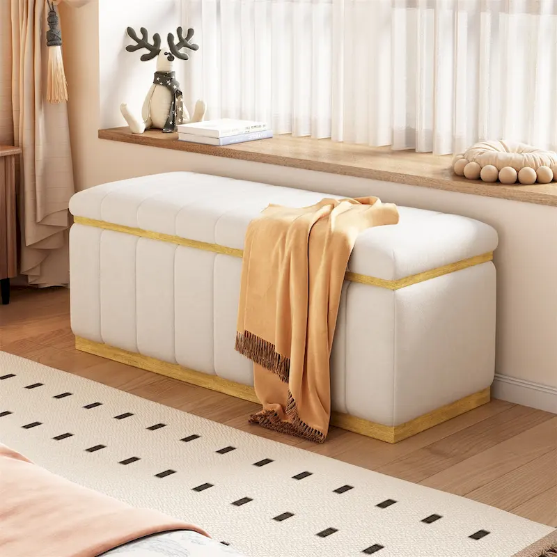 Linen Fabric Upholstered+Solid wood frame Bench