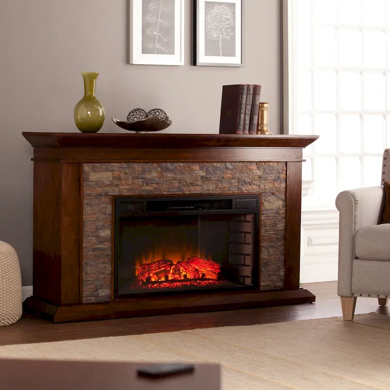 Electric Fireplace with a 60-inch Faux Stone Mantel