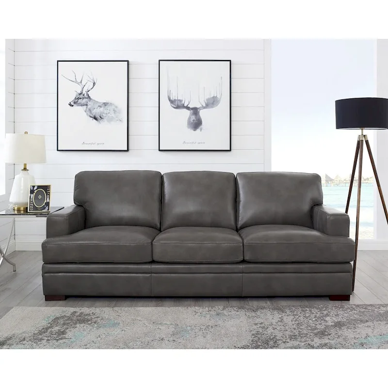 95-Inch Top Grain Leather Sofa with Goose Feather Down Cushions, Cross-Stitched Armrest, Solid Wood Frame