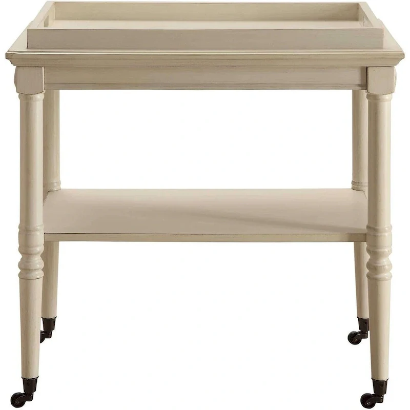 HomeRoots 30 Antiqued White Wood Rolling Bar Cart - 30 W x 18 D x 32 H