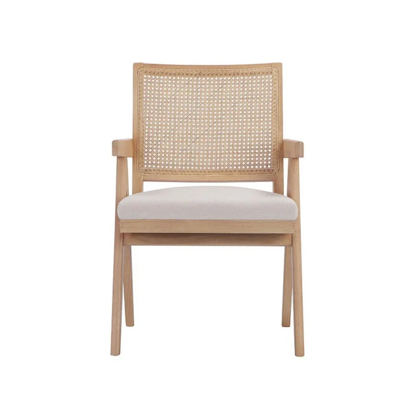 Isha 24 Inch Armchair with Cane Back, Off White Velvet, Brown Wood Frame