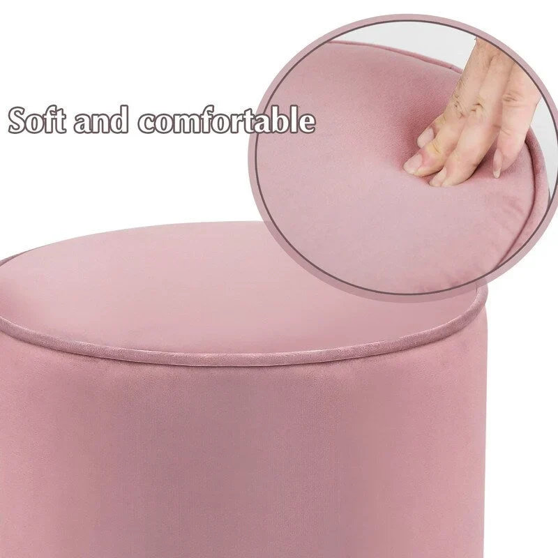 Adeco Vanity Upholstered Round Velvet Ottoman Footstool Silver Trim