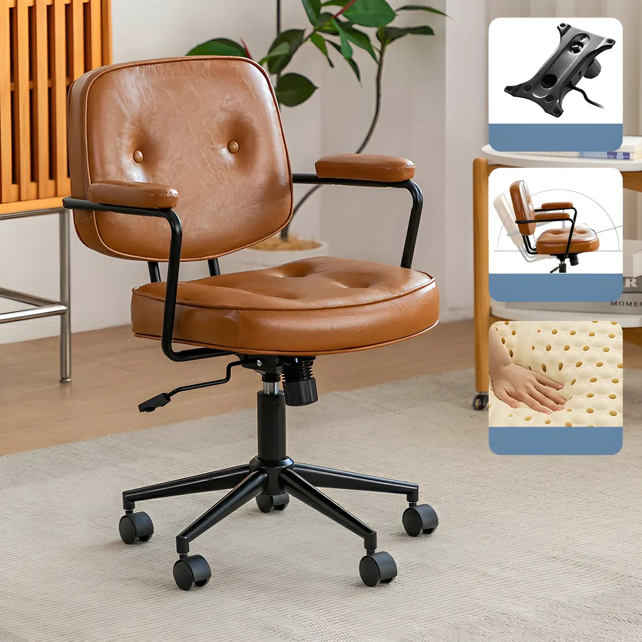 Modern Brown Leather Swivel Low-Back Office Chair