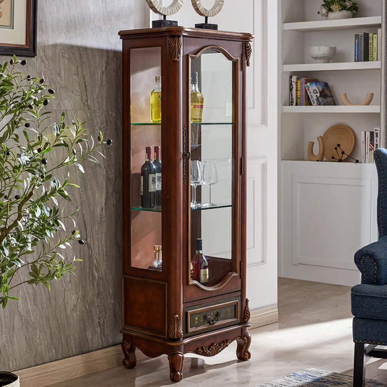Traditional Tall Wood Blue Glass Shelf Display Cabinet