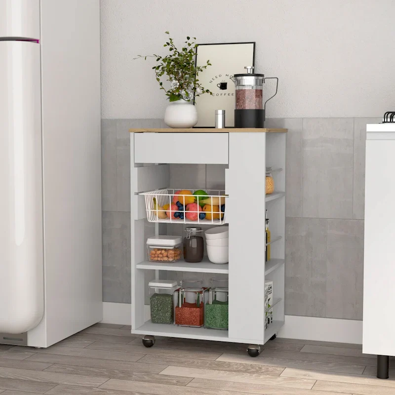 Kitchen Cart, One Drawer, Two Open Shelves, Four Casters -White / Light Oak