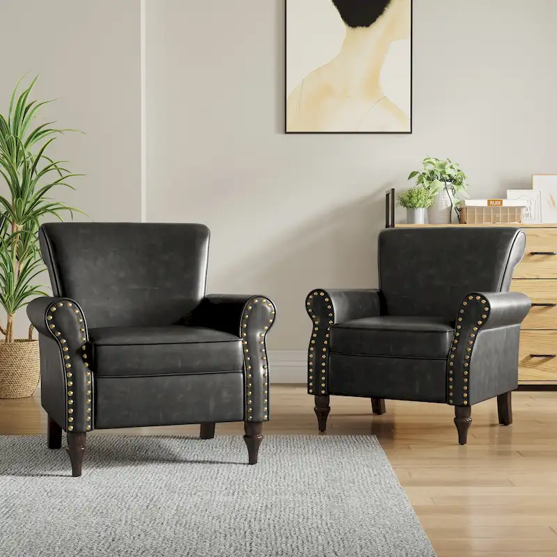 2 Set Nailheads Accent Chair Faux Leather Armchair