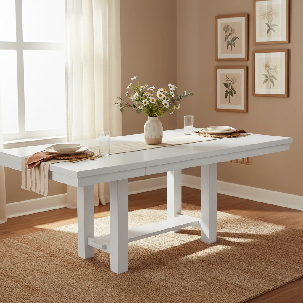 Extendable Dining Table with 2 Extension Leaves, White Wood, 62-86 Inch