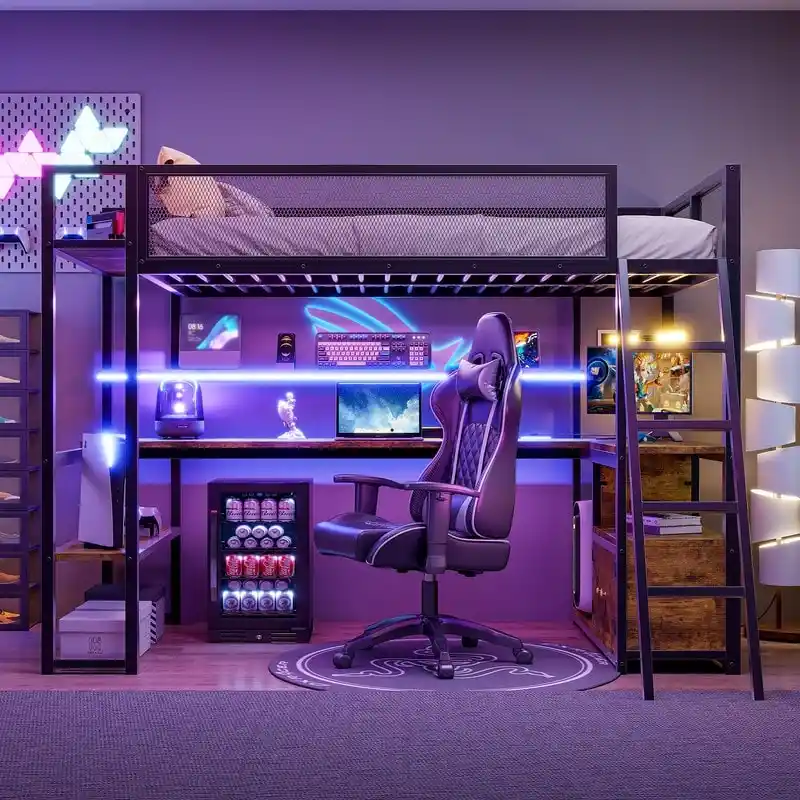 Twin Size Metal Loft Bed with Built-in Work Station, LED and Multiple Storage