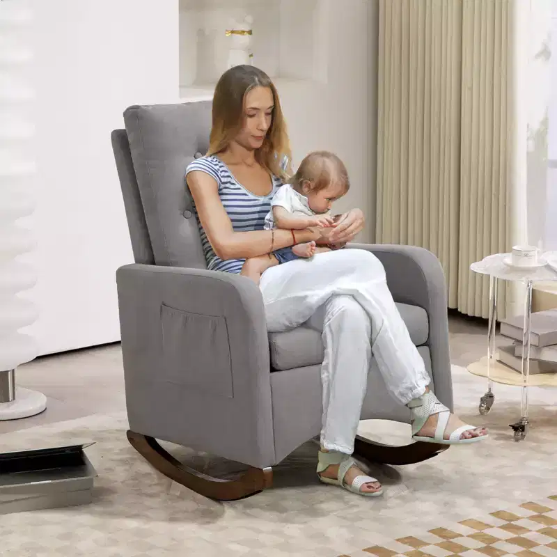 Upholstered Rocking Chair, Modern Wingback Accent Rocking Chair, Comfy Accent Armchair Chair, Rubber Wood Legs, High Backrest and Side Pocket