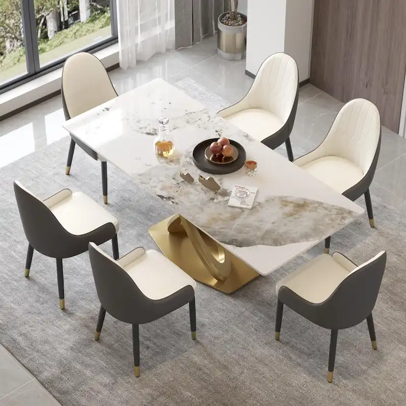 70.8 Dining Table, Modern Dining Table for 8, Antique White Sintered Stone with Stainless Steel Gold Pedestal