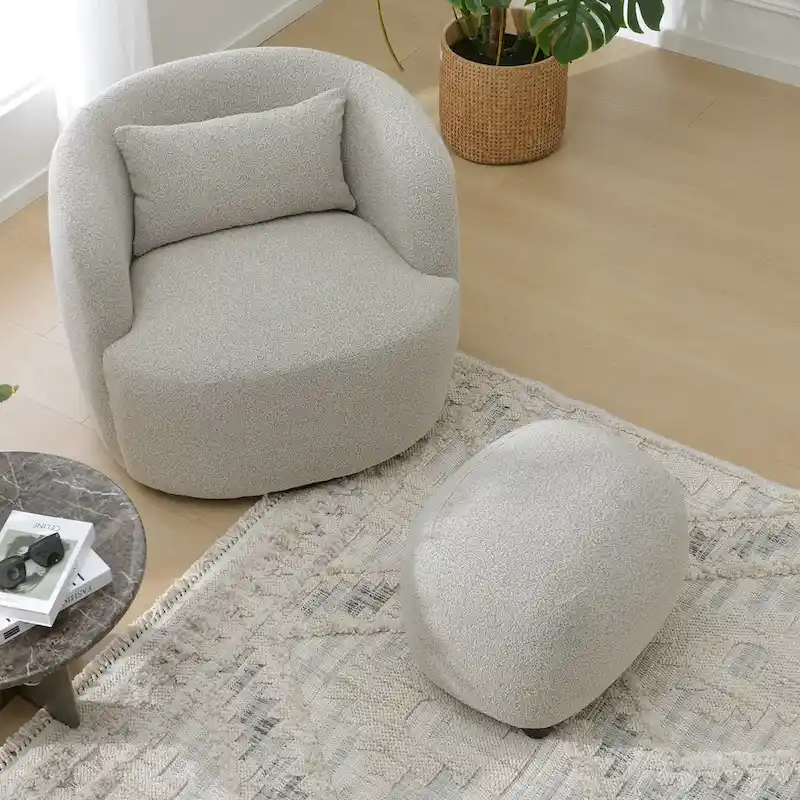 KINWELL 34 Poly Blend Boucle Fabric Upholstered Swivel Armchair