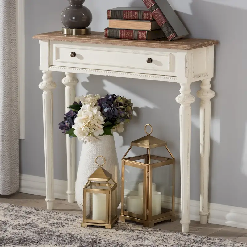 French Provincial Style Console Table in Weathered Oak and White Wash Distressed Wood Finish
