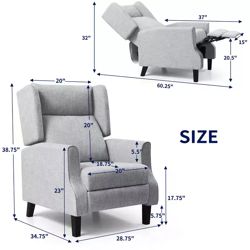 Subrtex Push Back Recliner Chair, Modern Upholstered Manual Wing Chair