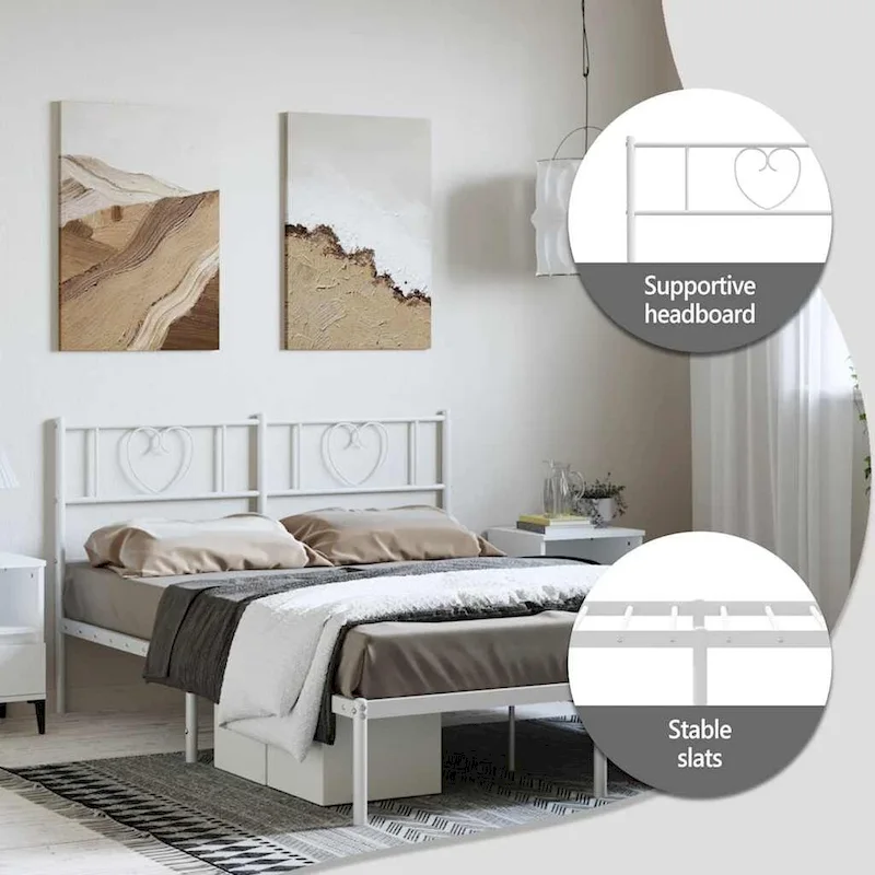 vidaXL Full Metal Bed Frame with Headboard, White, No Mattress - 77.2 x 55.9 x 35.4