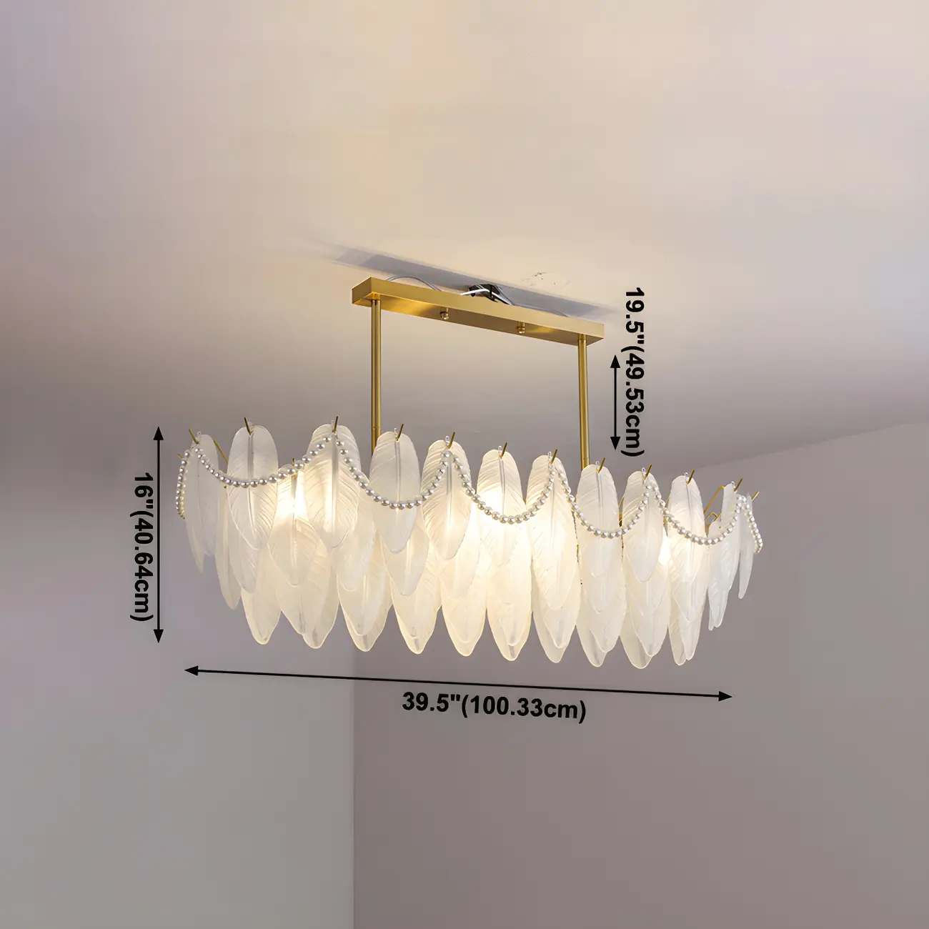 Adjustable Modern Glass Feather Island Chandelier in Gold