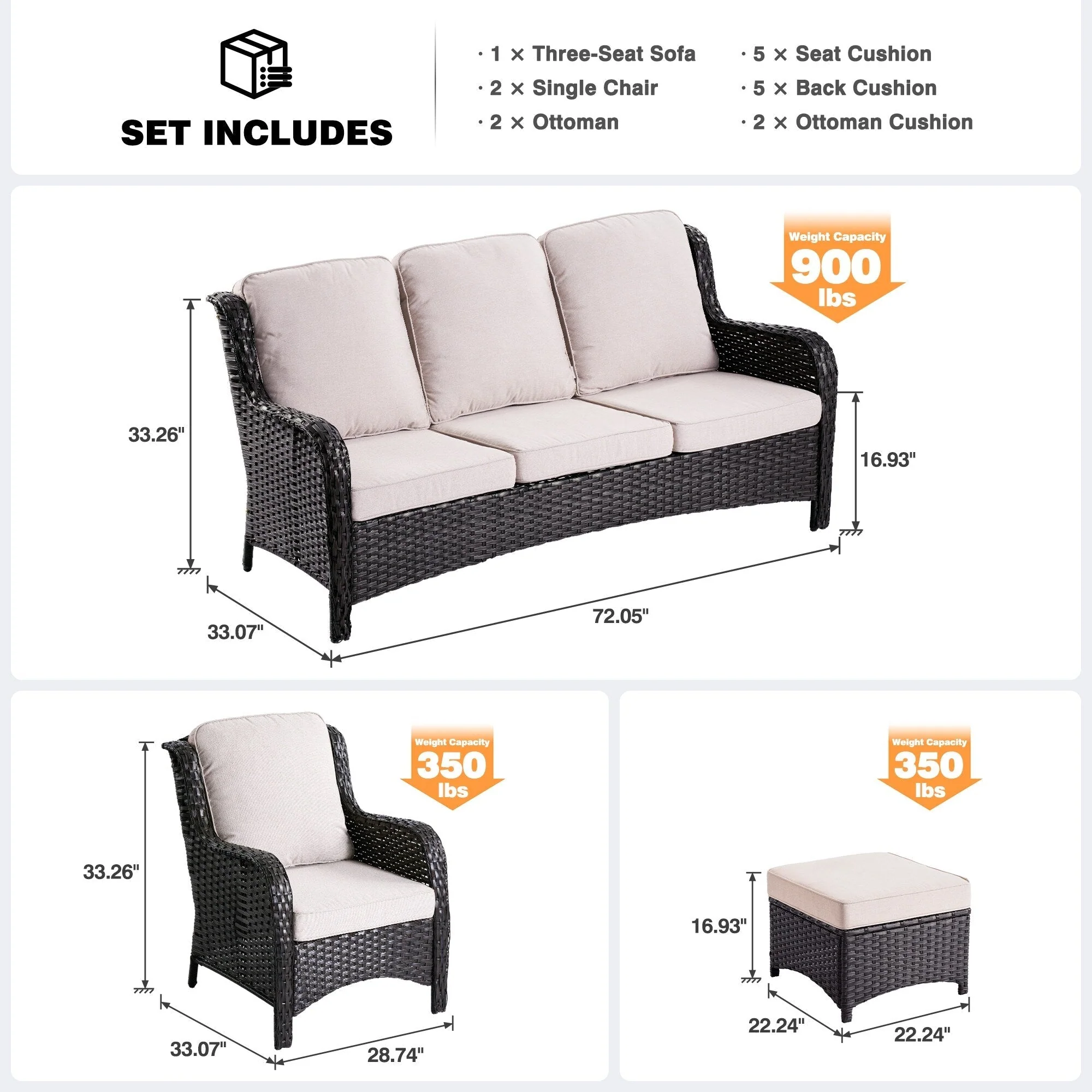 OVIOS 5-piece Patio Wicker High Back Conversation Set