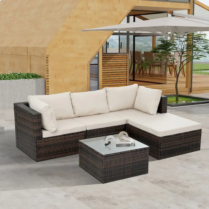 5-Piece PE Rattan Wicker Patio Conversation Set with Cushions