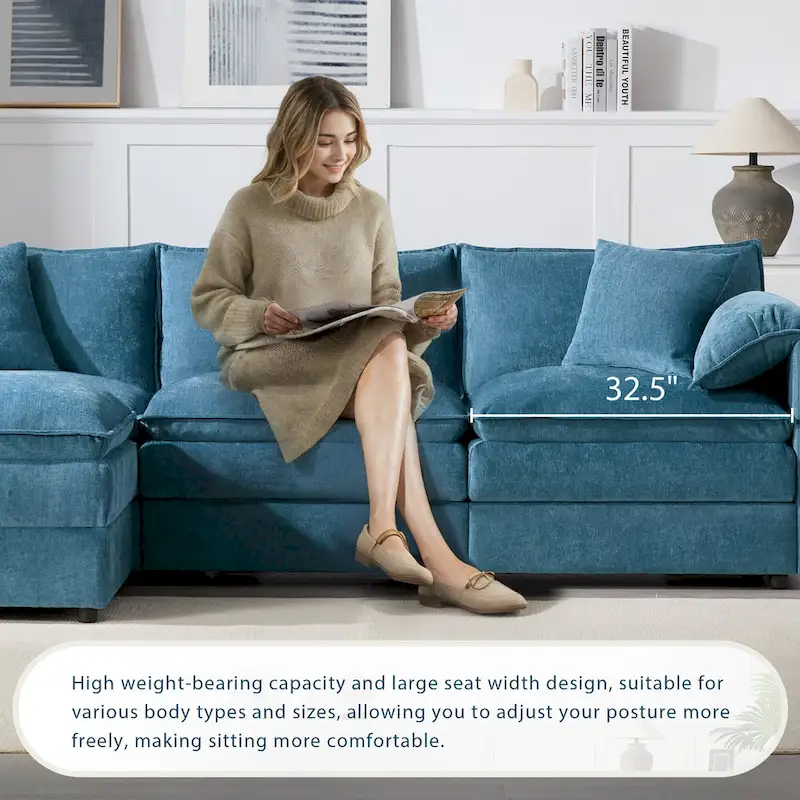 103.5 Chenille Sectional Sofa with 4-Seat L-Shaped Cloud Couch and Ottoman & Pocket Spring Cushions (330lb Capacity)