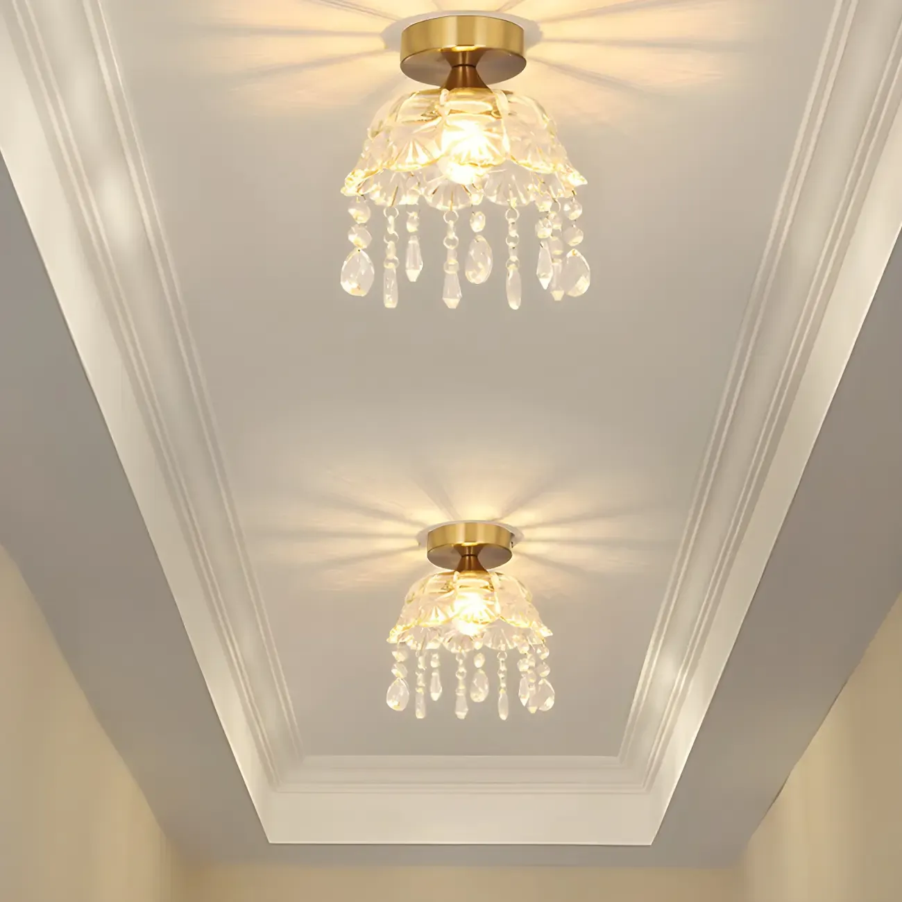 Elegant Golden Crystal Flower Dome Semi Flush Ceiling Light
