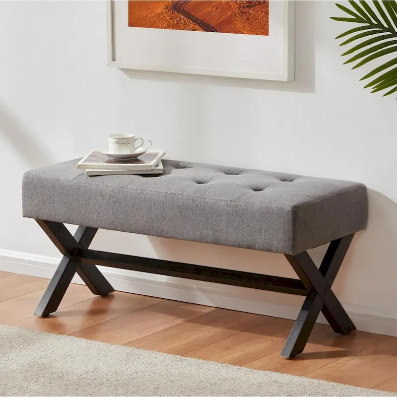 Upholstered Entryway Bench, Polyester, X-Shaped Wood Legs, 35.4
