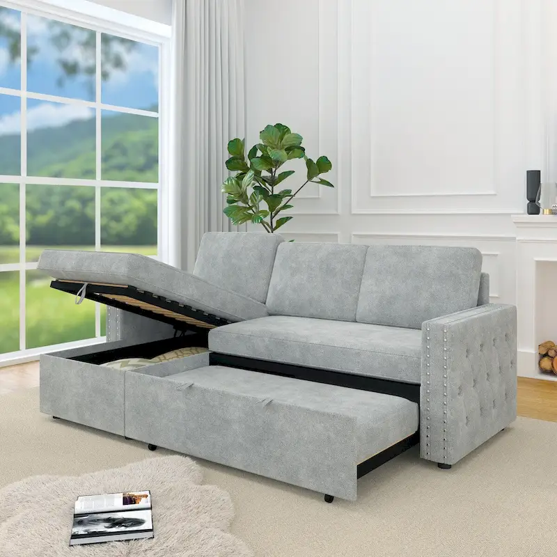 Convertible Sofa Bed with Storage Chaise, Chenille-Light Gray