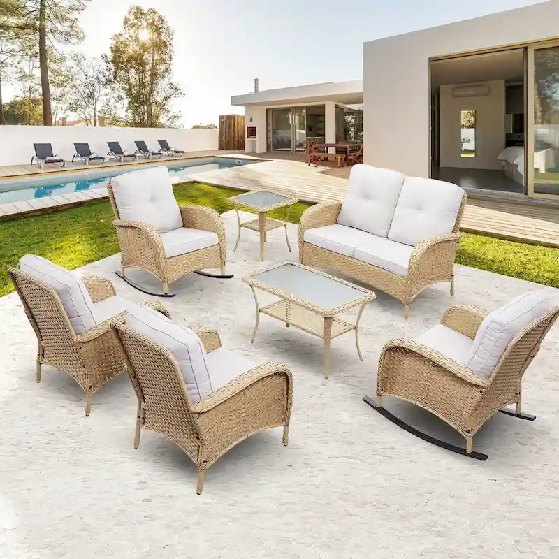 Gymojoy 7PCS Outdoor Loveseat Sofa Table Rocking Chair Furniture Set
