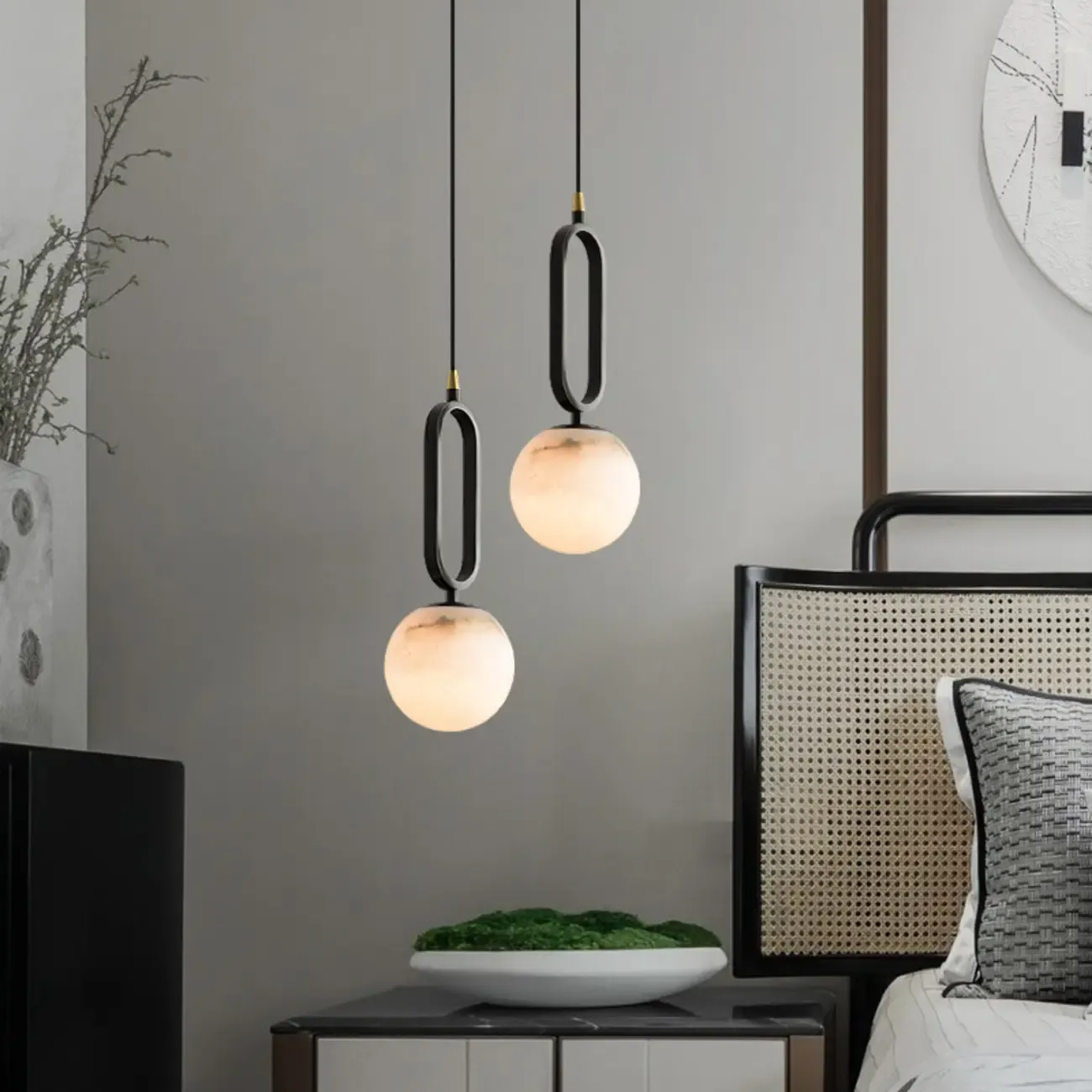 Modern Black Metal Stone Globe Bi-pin Pendant Light