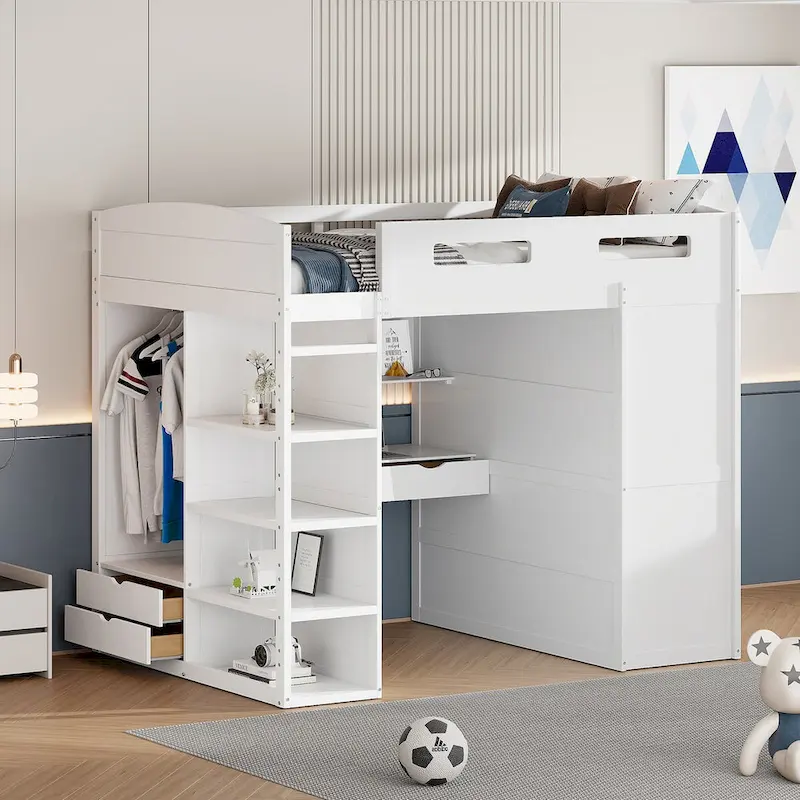 Merax Loft Bed with Desk, Wardrobes, 4 Drawers and 4 Shelves