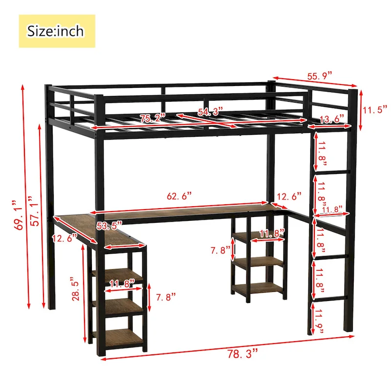 Black Full Metal Loft Bed with Desk & Shelves