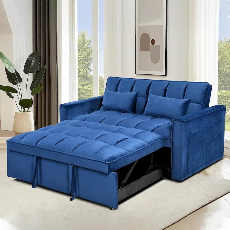 Modern Velvet Loveseat Futon Sofa Couch Pullout Bed, Small Love Seat Lounge Sofa w/Reclining Backrest, Toss Pillows, Pockets